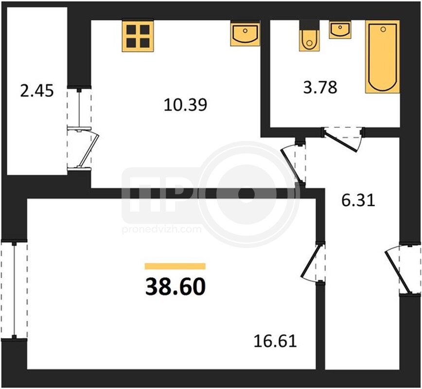 1-комнатная квартира, 38.6кв.м