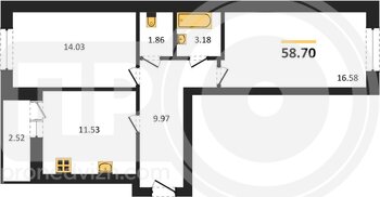Миниатюра 2-комнатная квартира, 58.7кв.м