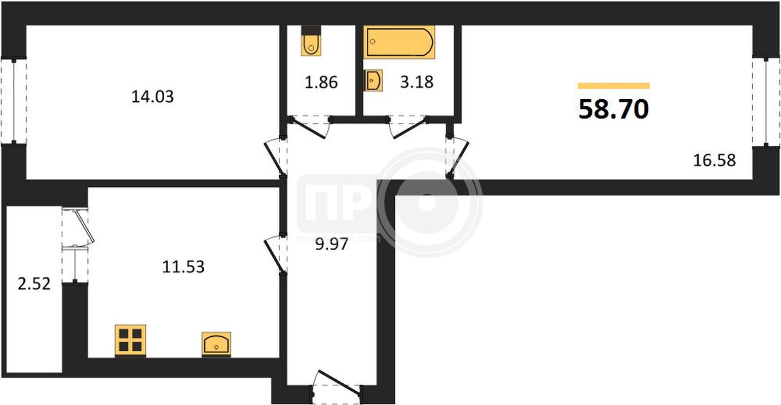 2-комнатная квартира, 58.7кв.м