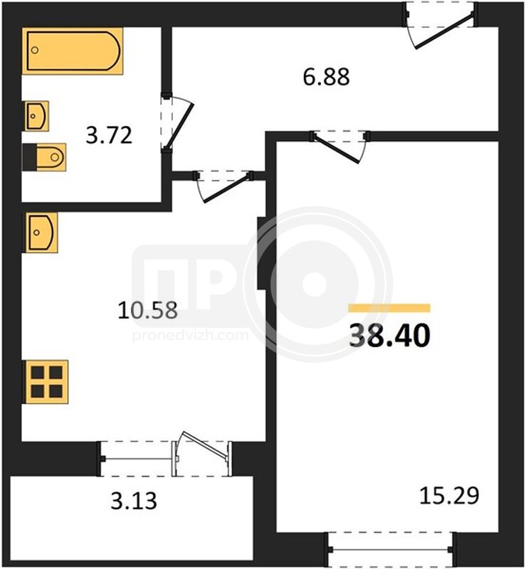 1-комнатная квартира, 38.4кв.м