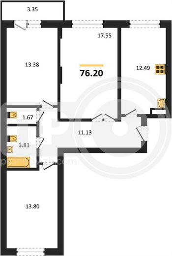 Миниатюра 3-комнатная квартира, 76.2кв.м