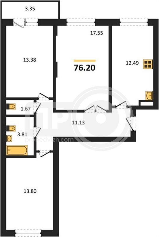 3-комнатная квартира, 76.2кв.м
