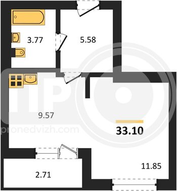 Миниатюра 1-комнатная квартира, 33.1кв.м