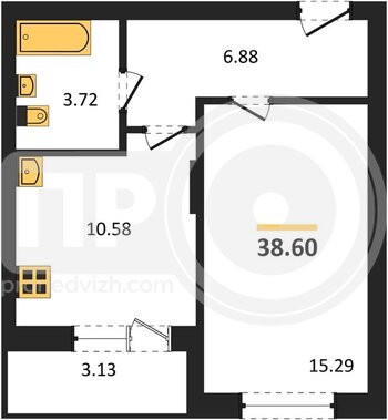 Миниатюра 1-комнатная квартира, 38.6кв.м