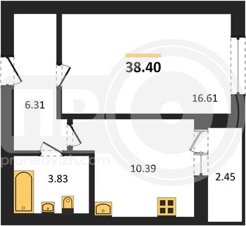 Миниатюра 1-комнатная квартира, 38.4кв.м