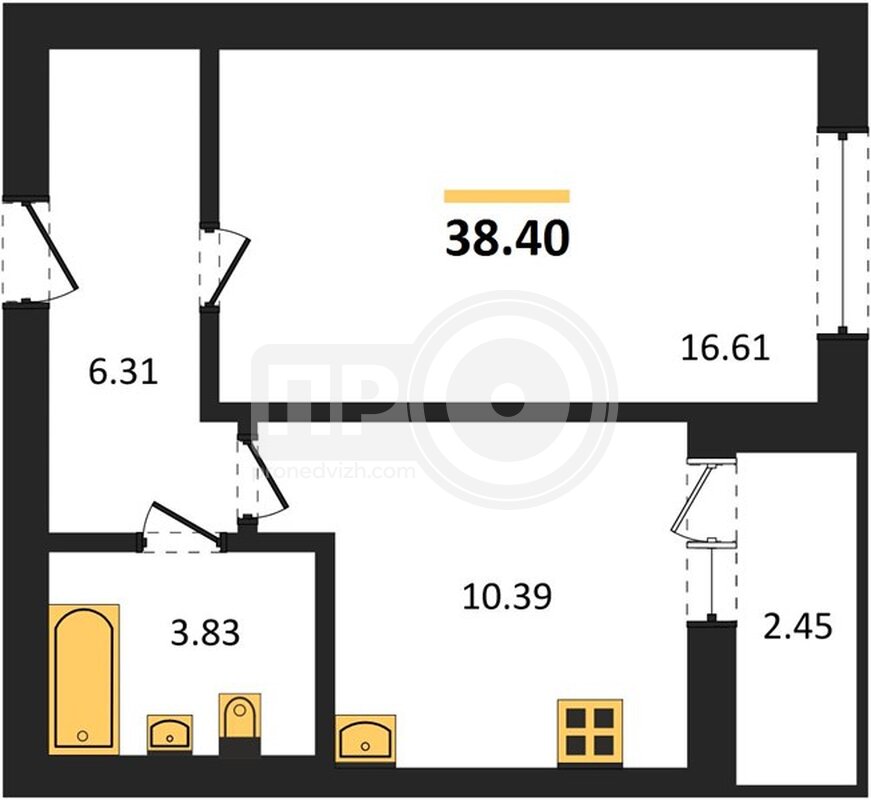 1-комнатная квартира, 38.4кв.м