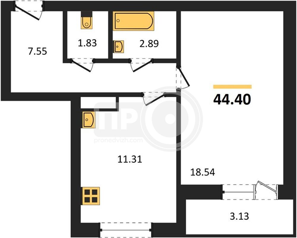 1-комнатная квартира, 44.4кв.м