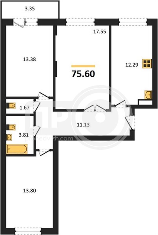 3-комнатная квартира, 75.6кв.м