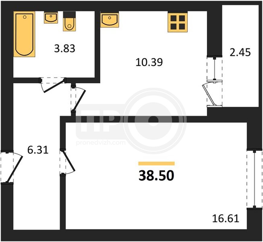 1-комнатная квартира, 38.5кв.м