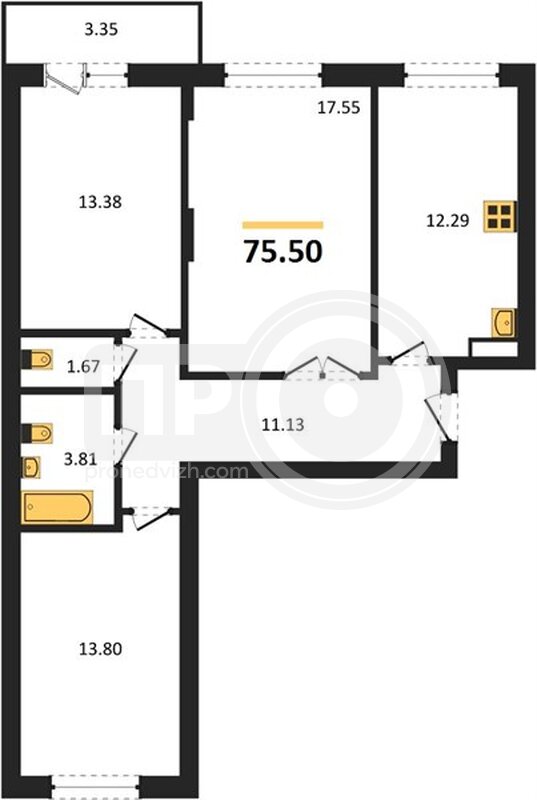 3-комнатная квартира, 75.5кв.м