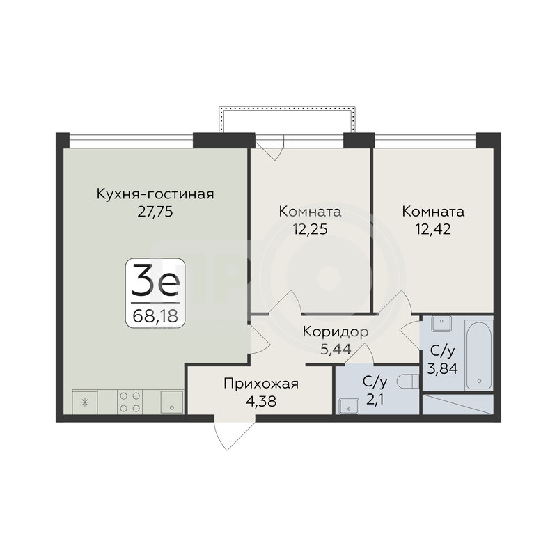 3-комнатная квартира, 68.18кв.м