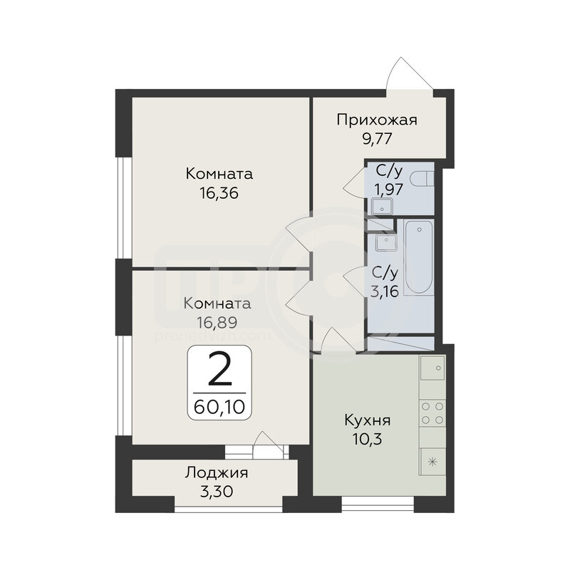 2-комнатная квартира, 60.1кв.м