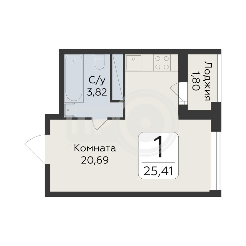 1-комнатная квартира, 25.41кв.м