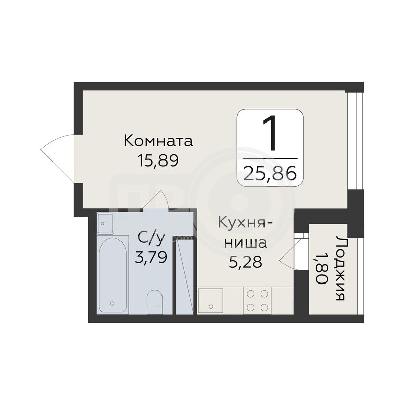 1-комнатная квартира, 25.86кв.м