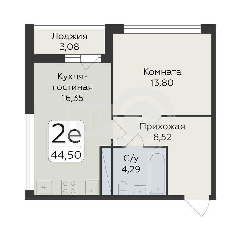 2-комнатная квартира, 44.61кв.м