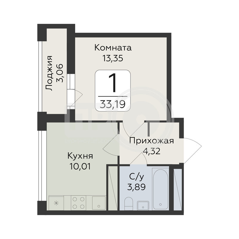 1-комнатная квартира, 33.19кв.м