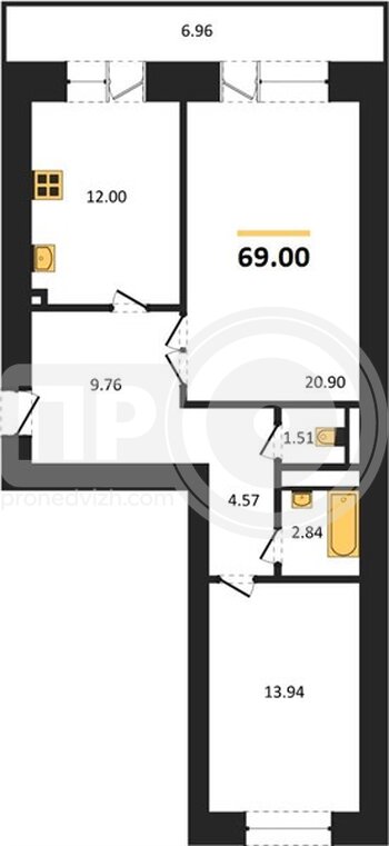 Миниатюра 2-комнатная квартира, 69.6кв.м