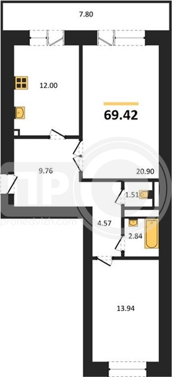 Миниатюра 2-комнатная квартира, 70.1кв.м