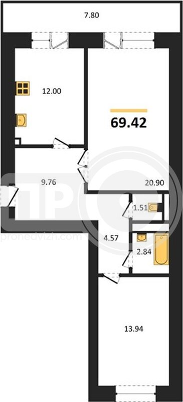 2-комнатная квартира, 70.1кв.м