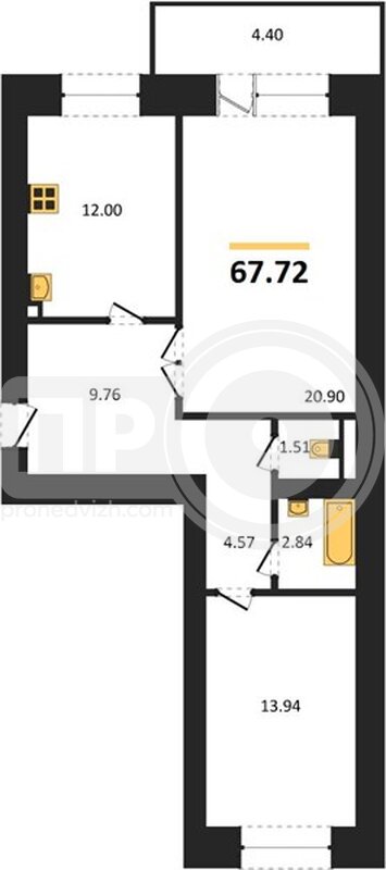 2-комнатная квартира, 68.6кв.м