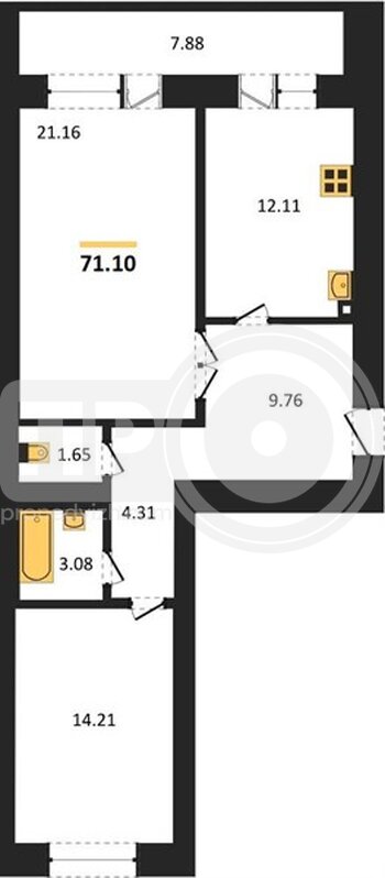 Миниатюра 2-комнатная квартира, 71.1кв.м