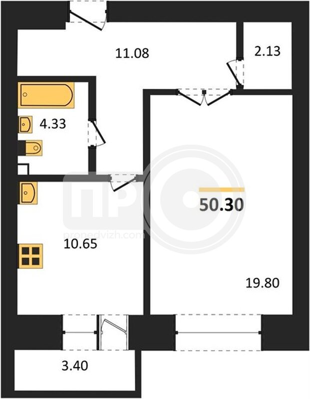 1-комнатная квартира, 50.3кв.м