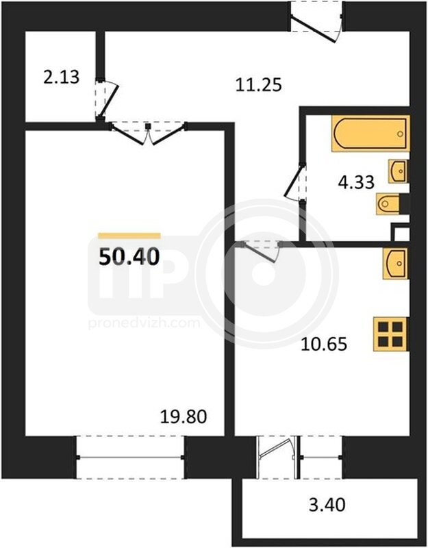 1-комнатная квартира, 50.4кв.м
