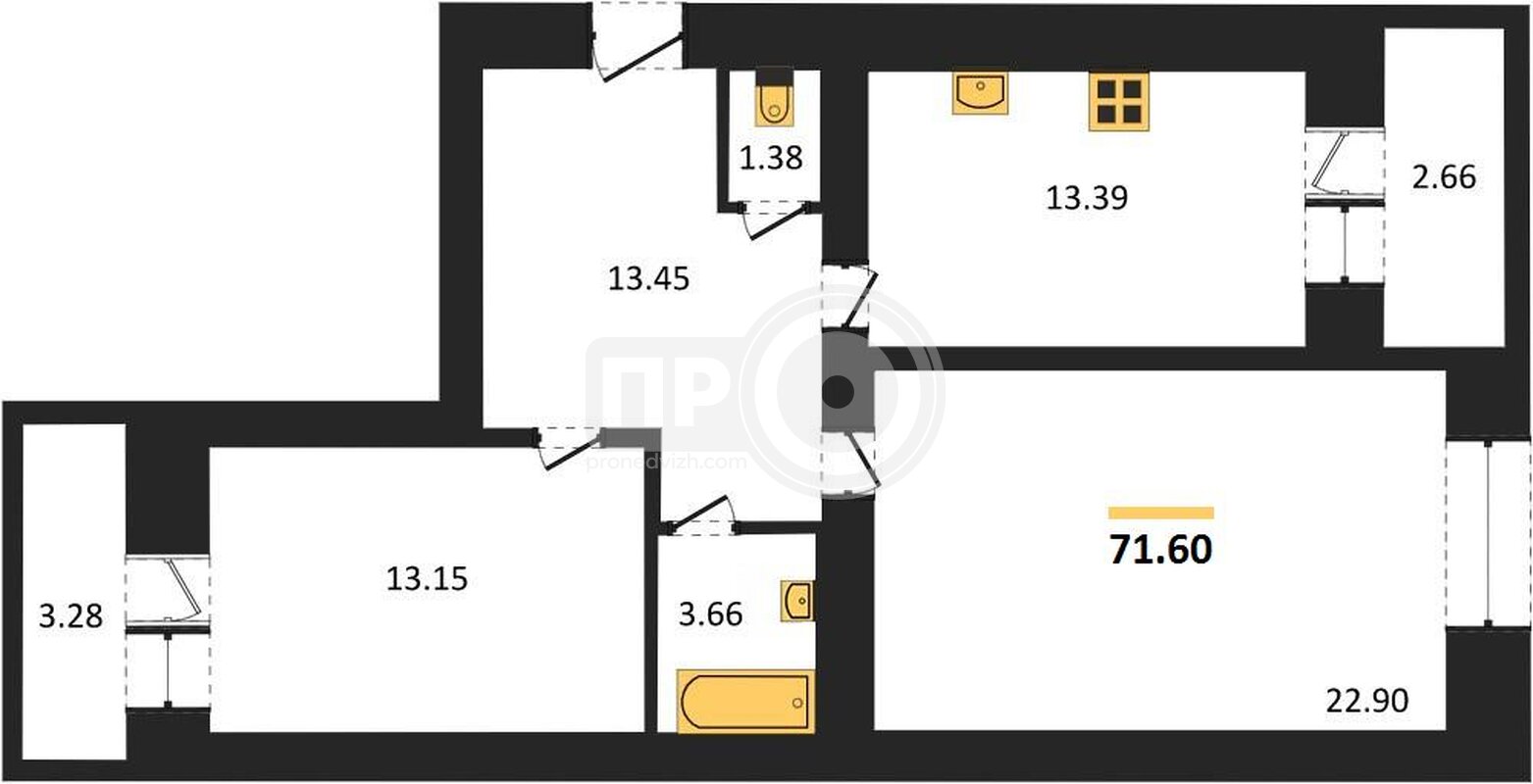 2-комнатная квартира, 71.6кв.м