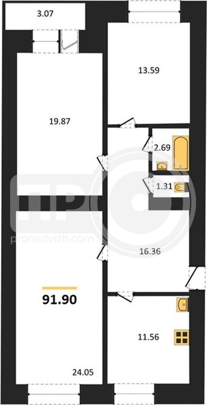 3-комнатная квартира, 91.9кв.м