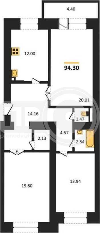 Миниатюра 3-комнатная квартира, 94.3кв.м