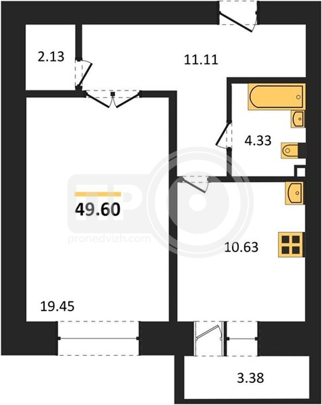 1-комнатная квартира, 49.6кв.м