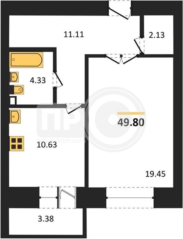 1-комнатная квартира, 49.8кв.м