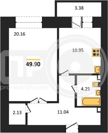 Миниатюра 1-комнатная квартира, 49.9кв.м