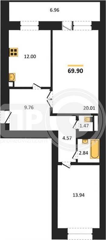 Миниатюра 2-комнатная квартира, 69.9кв.м