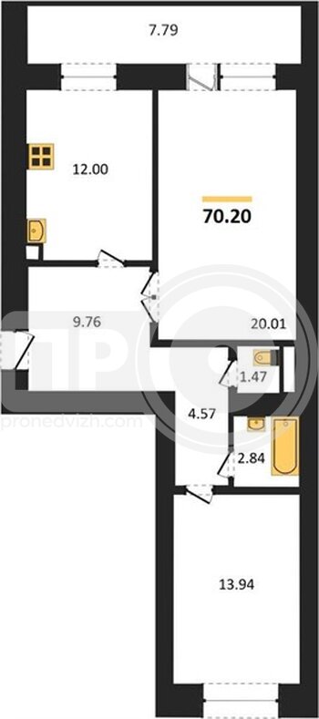 Миниатюра 2-комнатная квартира, 70.2кв.м