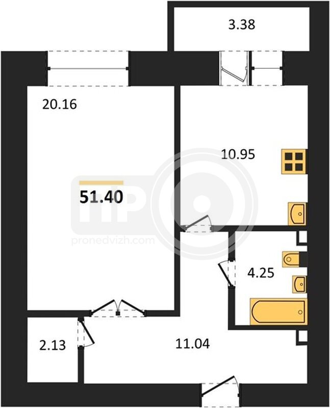 1-комнатная квартира, 51.4кв.м