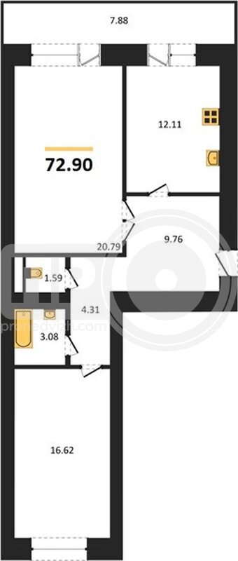 2-комнатная квартира, 72.9кв.м