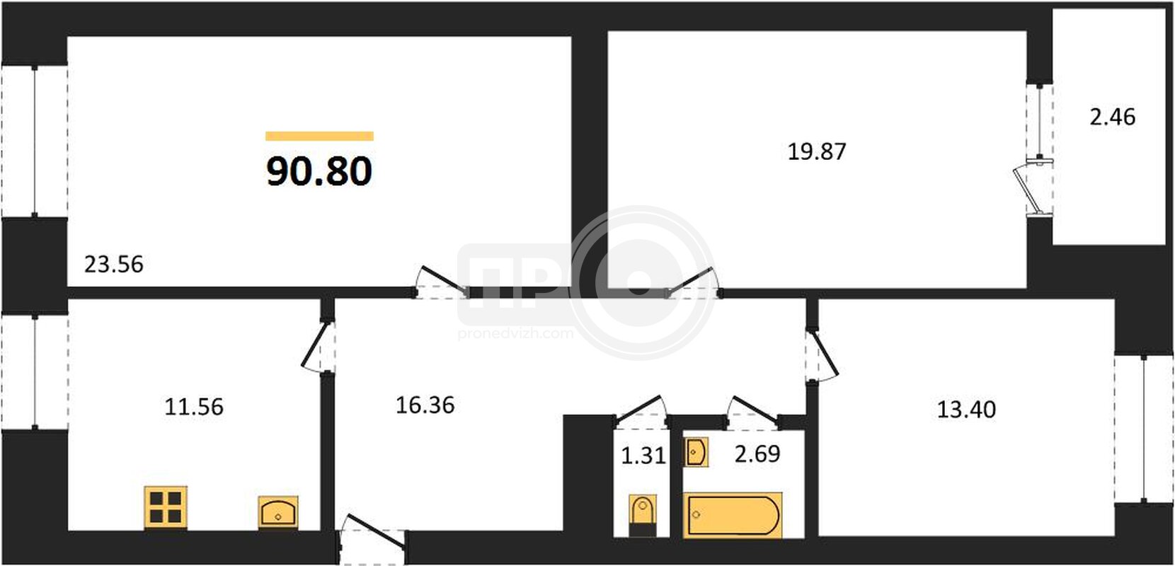 3-комнатная квартира, 90.8кв.м