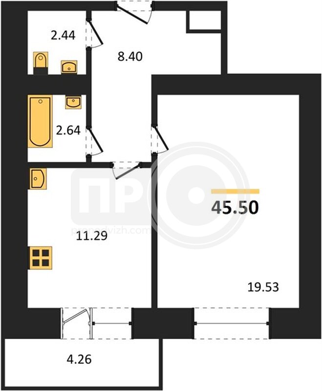 1-комнатная квартира, 45.5кв.м