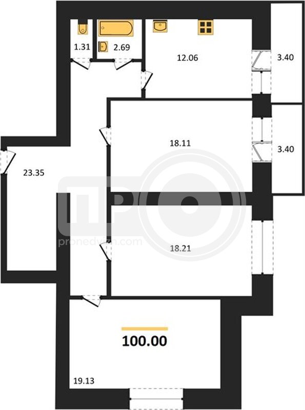 3-комнатная квартира, 100кв.м