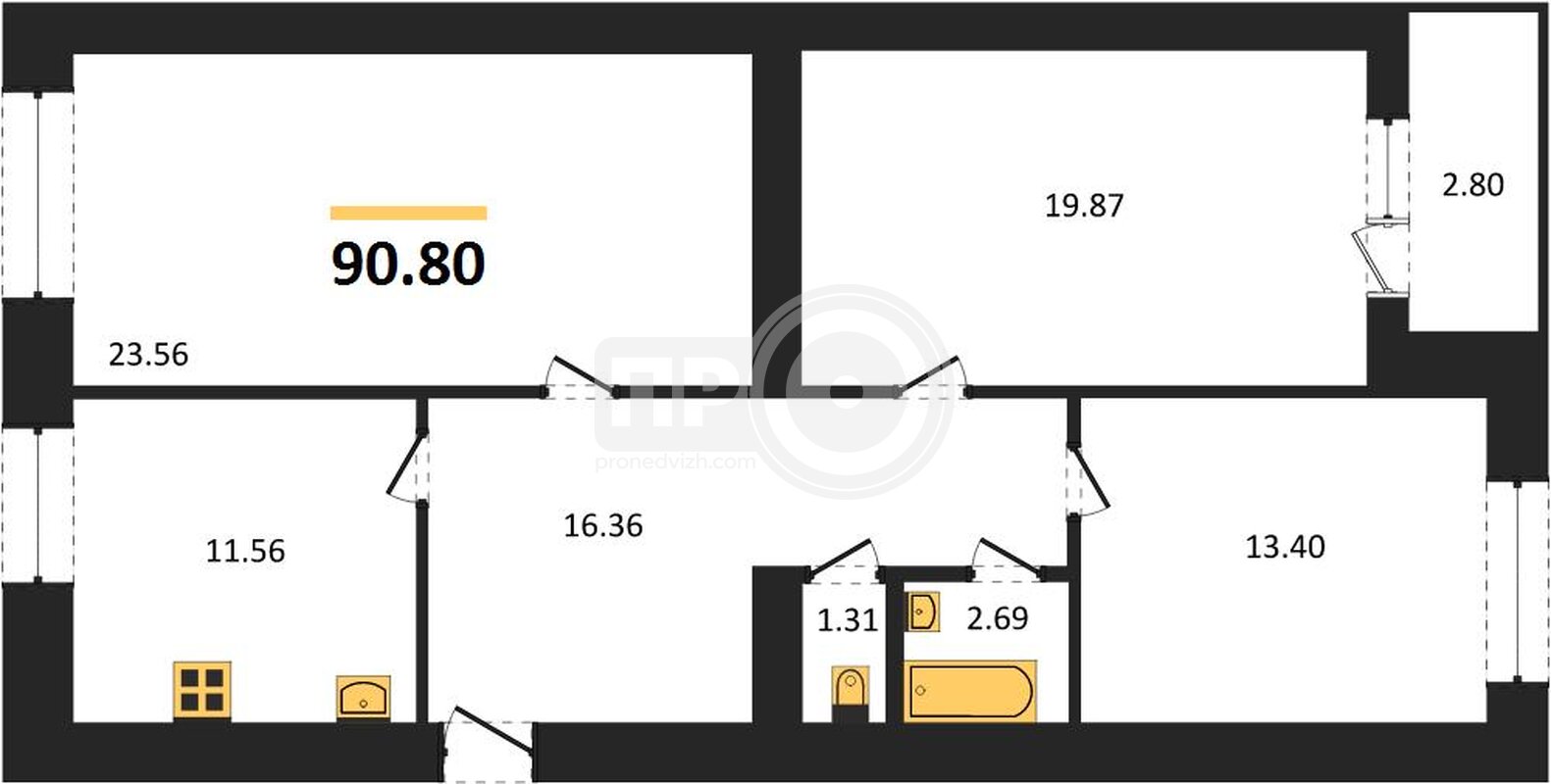 3-комнатная квартира, 90.8кв.м