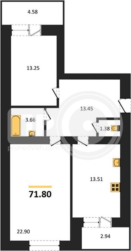 2-комнатная квартира, 71.8кв.м