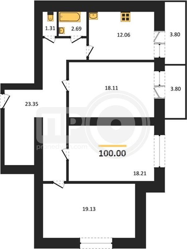3-комнатная квартира, 100кв.м