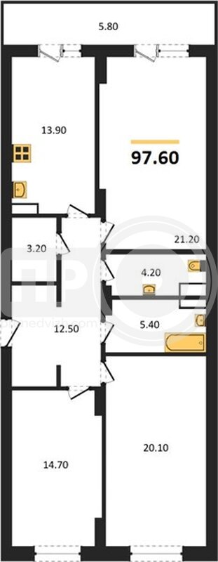 3-комнатная квартира, 97.6кв.м