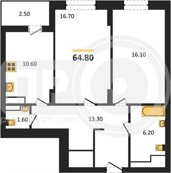 Миниатюра 2-комнатная квартира, 64.8кв.м