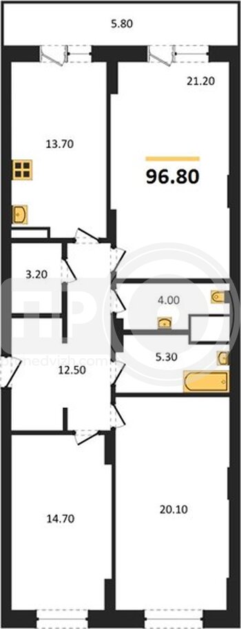 Миниатюра 3-комнатная квартира, 96.8кв.м