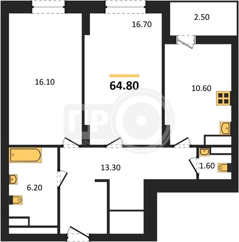 2-комнатная квартира, 64.8кв.м