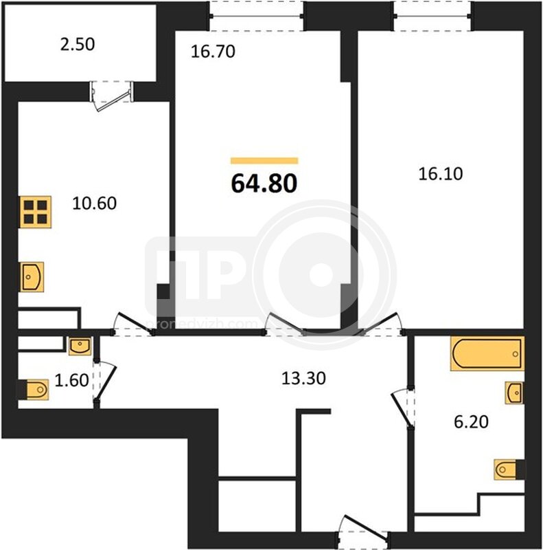 2-комнатная квартира, 64.8кв.м