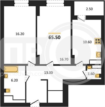 Миниатюра 2-комнатная квартира, 65.5кв.м