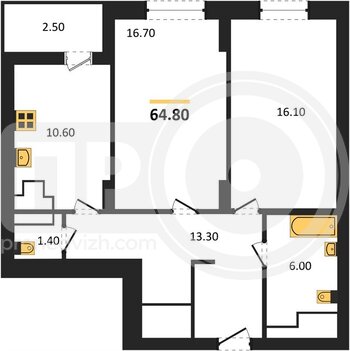 Миниатюра 2-комнатная квартира, 64.8кв.м